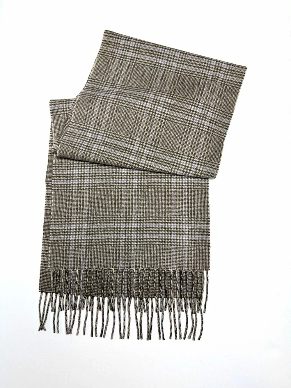 Amicale Cashmere Scarf Glen Plaid Taupe Beige Blue Fringe 12x64  Men's Women's